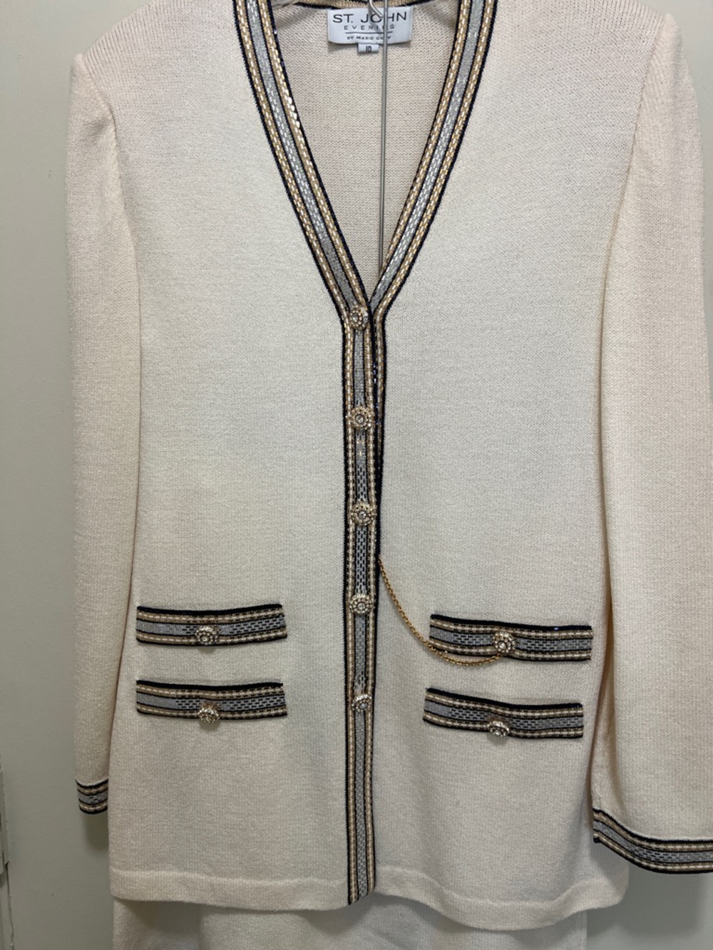 St. John Cream Knit Jacket with Black & Gold Trim - Picture 2 of 5